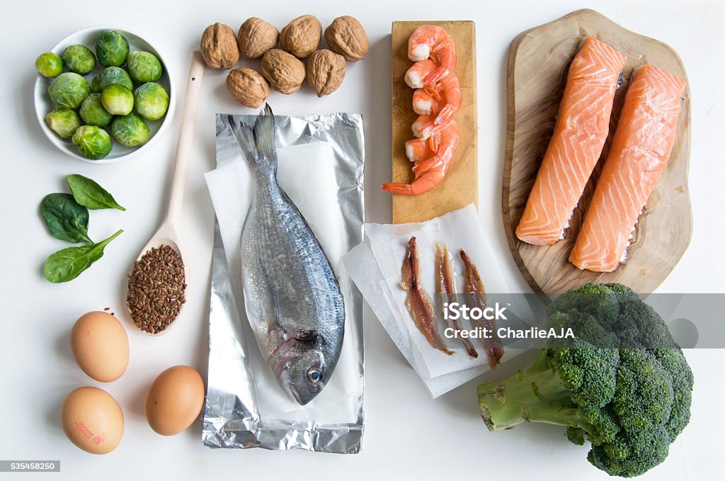 Omega fatty acid food collection Collection of foods high in fatty acids omega 3 including seafood, vegetables and seeds Omega-3 Stock Photo