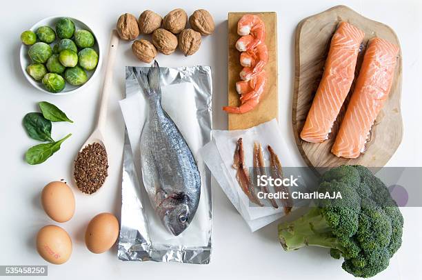 Omega Fatty Acid Food Collection Stock Photo - Download Image Now - Omega-3, Food, Acid