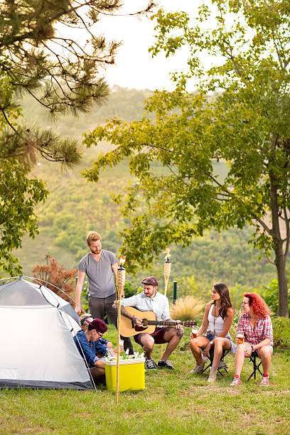 istock Young people in front of tent in nature 535460312