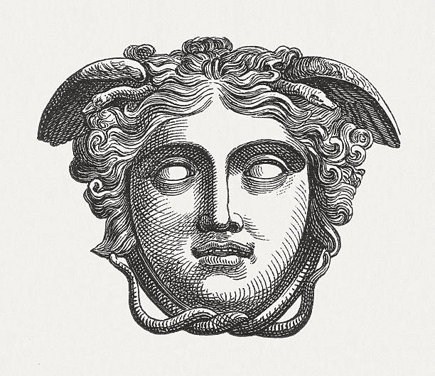 Head of Medusa, figure of the Greek mythology, published 1880 Medusa head - figure of the Greek mythology. Wood engraving, published in 1880. greece illustrations stock illustrations