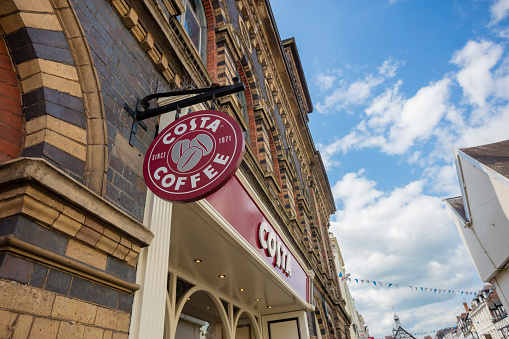 Bridgnorth, United  - May 24, 2016: An editorial stock photo of the Costa Coffee store front in Bridgnorth, Shropshire in the United Kingdom. Costa Coffee is a British multinational coffeehouse company headquartered in Dunstable, Bedfordshire, and a wholly owned subsidiary of Whitbread. It is the second largest coffeehouse chain in the world behind Starbucks