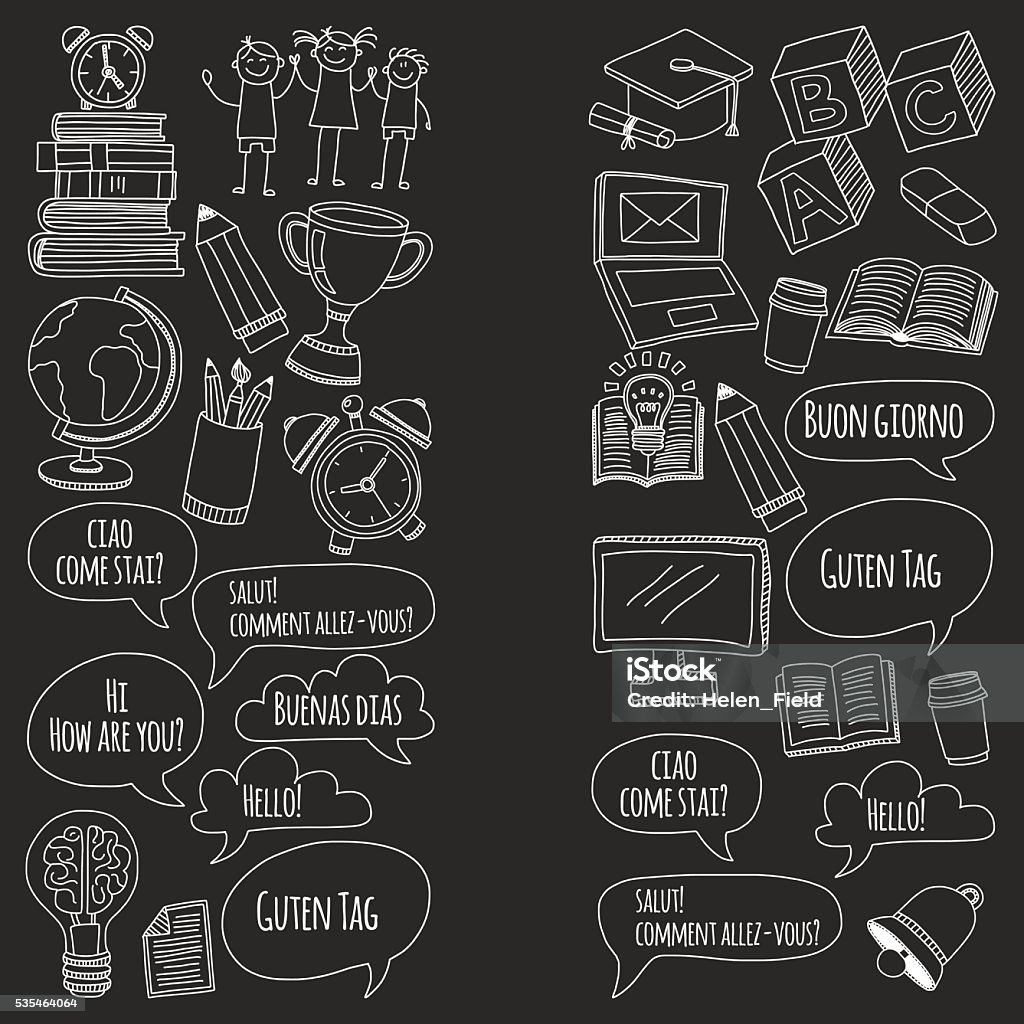 Language school doodle icons on blackboard Language school doodle icons on blackboard Hand drawn images Alarm stock vector