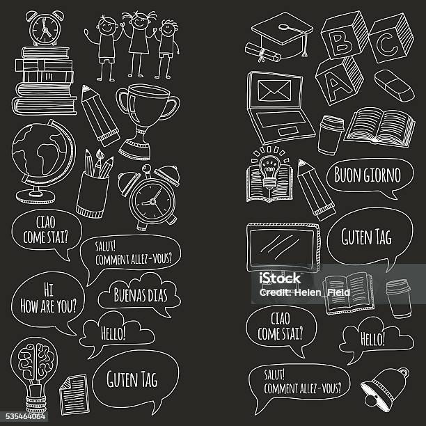 Language School Doodle Icons On Blackboard Stock Illustration - Download Image Now - Alarm, Alarm Clock, Alphabet