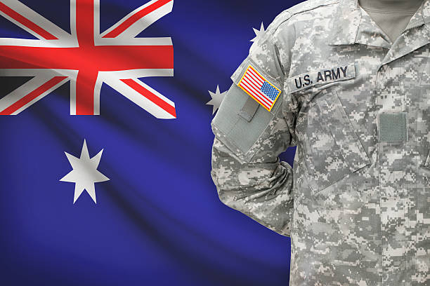 istock American soldier with flag on background - Australia 535464521