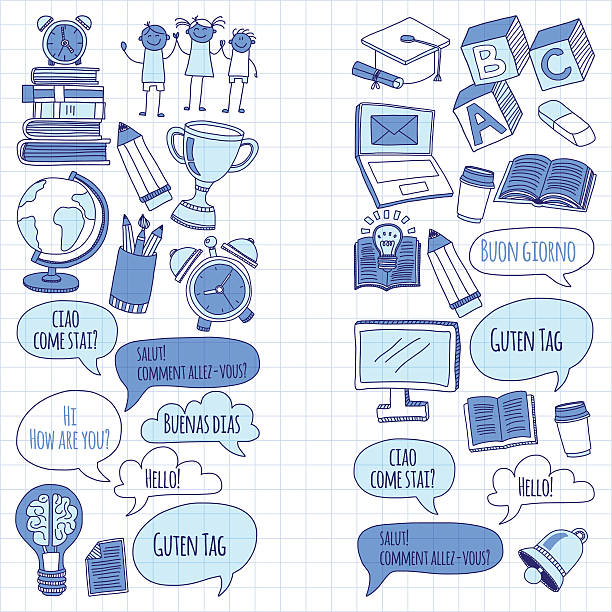 illustrations, cliparts, dessins animés et icônes de école de langues doodle linéaire icônes de papier pour ordinateur portable - light bulb inspiration ideas inks on paper