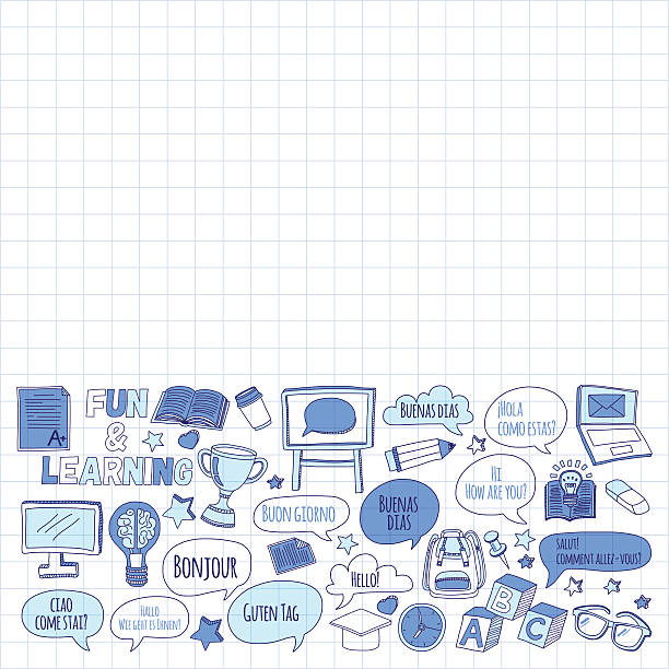 illustrations, cliparts, dessins animés et icônes de école de langues doodle linéaire icônes de papier pour ordinateur portable - light bulb inspiration ideas inks on paper