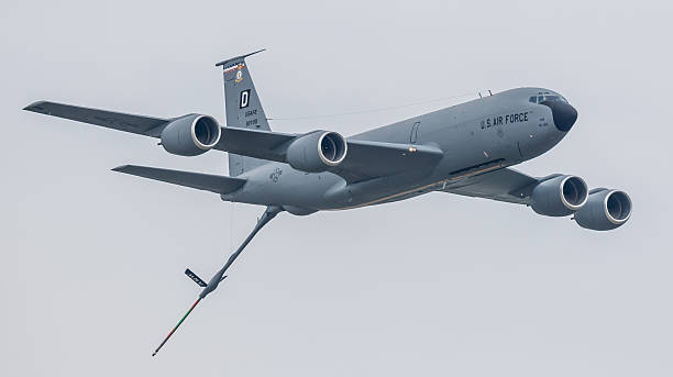 Duxford, UK: May 28, 2016: a Boeing KC-135R military tanker / refuelling aircraft of the US Air Force pictured in flight over Cambridgeshire, England. 
