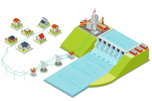 Vector illustration of Hydro power plant. 3D isometric electricity concept