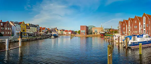 Panoramic view of the old town of Husum, the capital of Nordfriesland and birthplace of German writer Theodor Storm, in Schleswig-Holstein, Germany