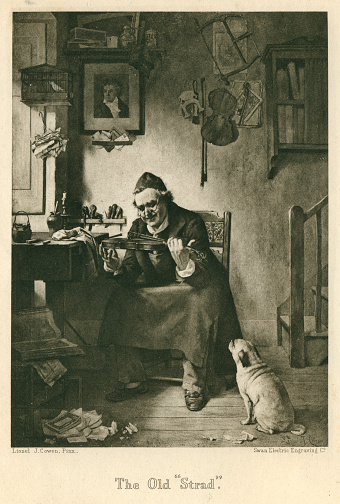 From a painting by Lionel J. Cowen, this engraving shows an old violin maker in his workshop, complete with tools, violin bodies and glue pots. His pug dog appears to take as much interest in the Stradivarius as the old man who is handling it. The original painting was exhibited at the Royal Academy in 1886, and a large engraved print was made for sale by the Swan Electric Engraving Company. This version is from (The Pall Mall Magazine, May to August 1894). Lionel J. Cowen lived from 1847 to 1895.