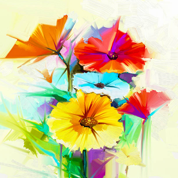 istock Oil painting  yellow, pink and red gerbera, daisy flowers 535470950