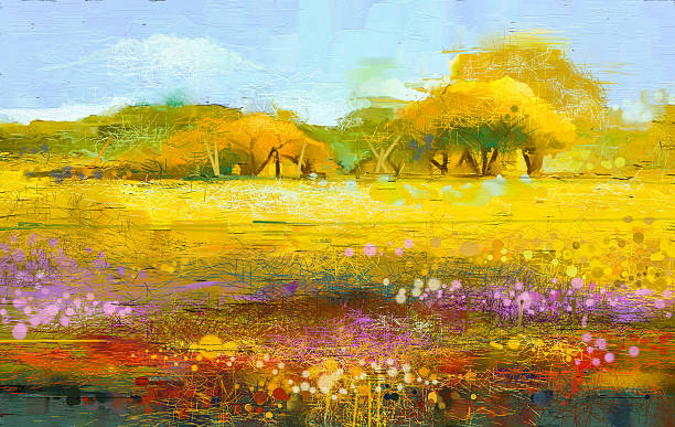 illustrazioni stock, clip art, cartoni animati e icone di tendenza di astratto colorato paesaggio di pittura a olio - painting artist landscape painted image