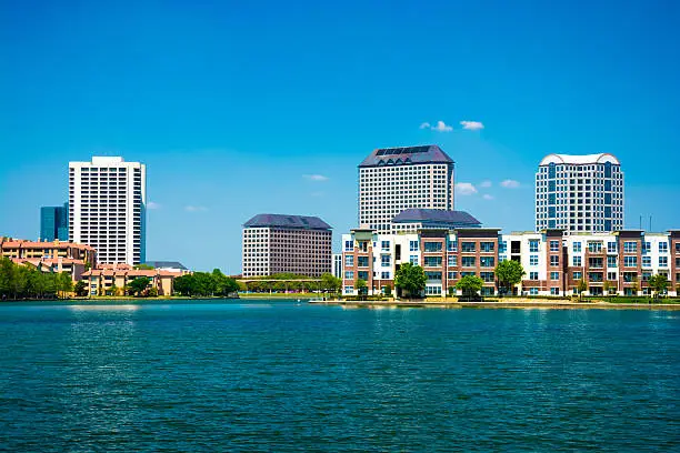 Skyline of the Las Colinas area of Irving, Texas with Lake Carolyn in the foreground.  Irving is a part of the Dallas - Fort Worth Metroplex.
