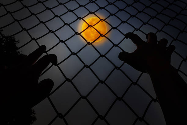istock Hands climbing iron bar in dark night with full moon 535474904