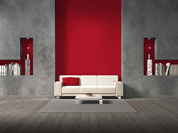 living room with red wall behind the sofa modern fictitious living room with sofa and copy space for your own image/all book covers are fictitious and designed by me - no rights are infringed alcove stock pictures, royalty-free photos & images