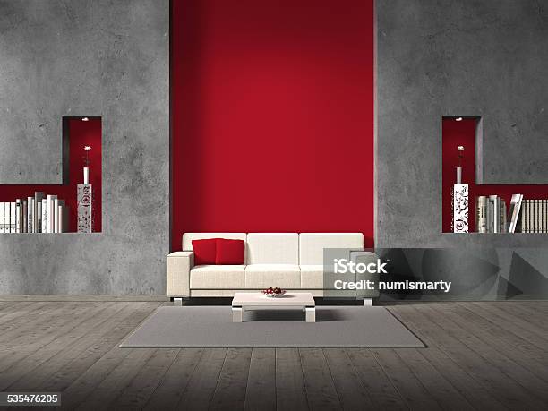 Living Room With Red Wall Behind The Sofa Stock Photo - Download Image Now - Red, Living Room, Wall - Building Feature