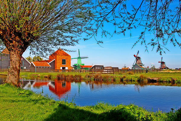 scena niderlandzkiej wioska w produkcję wież wiatrowych w zaanse schans, holandia - netherlands windmill farm farmhouse zdjęcia i obrazy z banku zdjęć