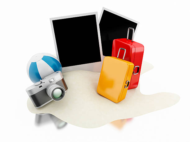 istock 3d Suitcase, beach ball, camera and photos. Travel concept. 535476736