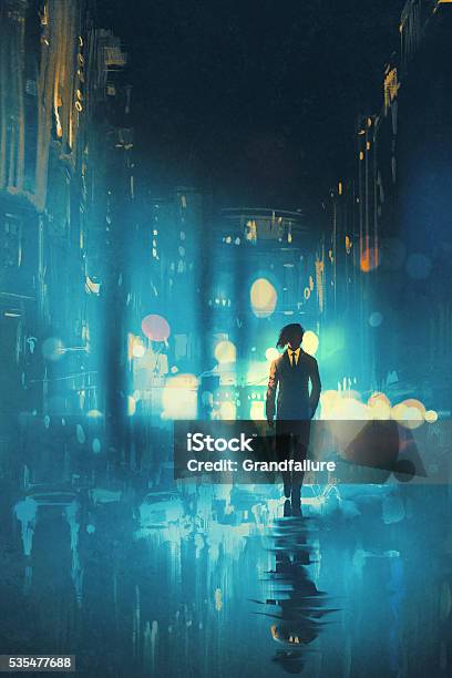 Man Walking At Night On The Wet Street Stock Illustration - Download Image Now - Alley, Dark, Men