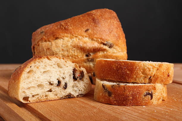 istock Ciabatta with black olives. Italian white bread. 535477996