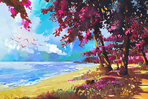pink trees on the beach,summer,landscape pink trees on the beach,summer,landscape illustration digital painting tropical beach and clouds scene stock illustrations