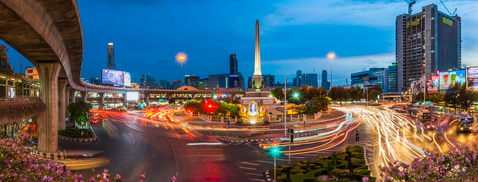 Bangkok, Thailand - May 28, 2016: Victory Monument of Bangkok, Thailand at sunset with street lights