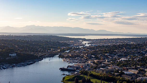 Fremont Cut, Lake Union Ballard Locks, Gasworks Park, Olympic Mountains Fremont Cut, Lake Union Ballard Locks, Salmon Bay, Olympic Mountains Sunset Aerial View - Seattle, Washington State Lakes ballard-seattle stock pictures, royalty-free photos & images
