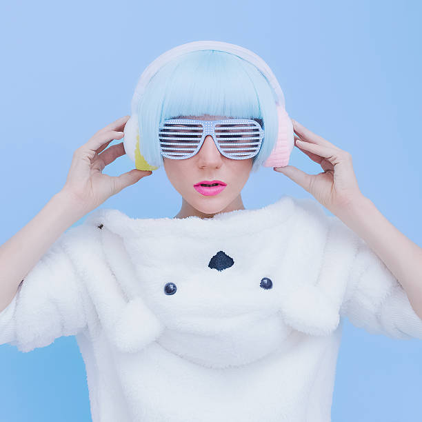 istock Teddy Bear Girl DJ on a blue background. crazy party 535480657