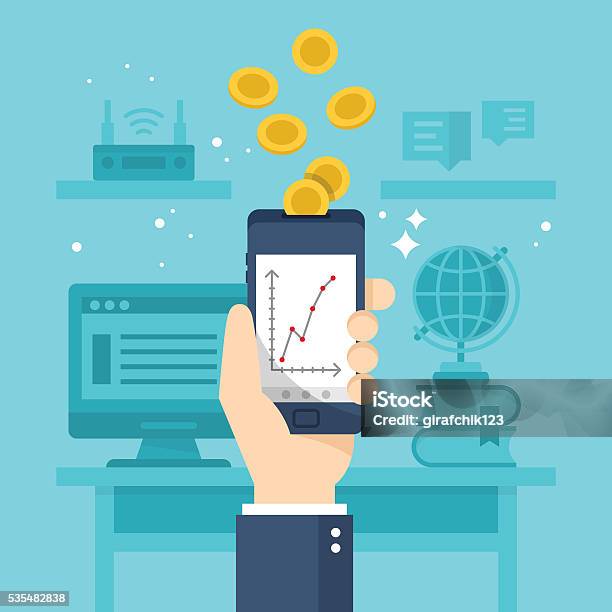Make Money Online With Smartphone Concept Flat Stylish Vector Stock Illustration - Download Image Now