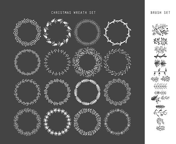 크리스마스 손 그림이요 스케치 화관 세트 디자인 - christmas christmas tree flower frame stock illustrations