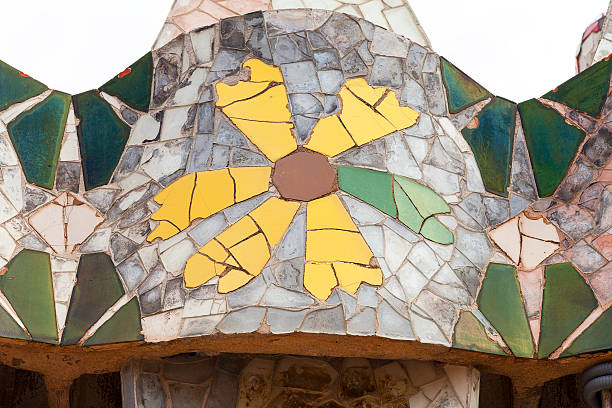 Original view of the world-famous bench of the Parc Guell designed and built by the spanish architect Antoni Gaudi in 1900-1914. The location is Barcelona, Spain.