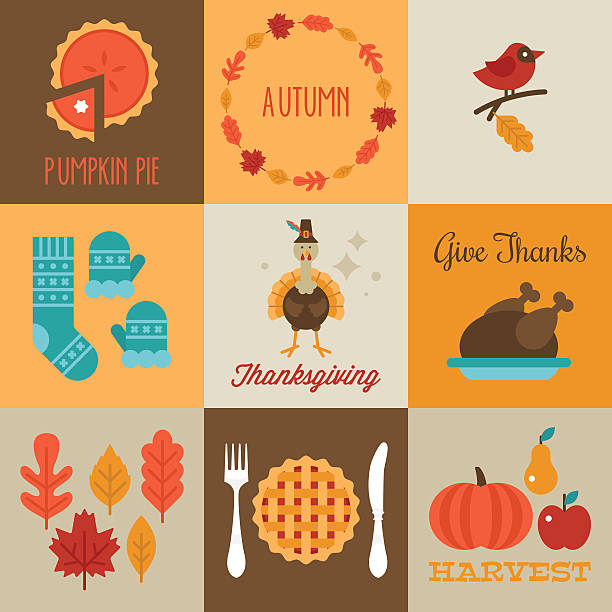 thanksgiving und herbst grußkarten design mit flachen stil - thanksgiving symbol turkey apple stock-grafiken, -clipart, -cartoons und -symbole