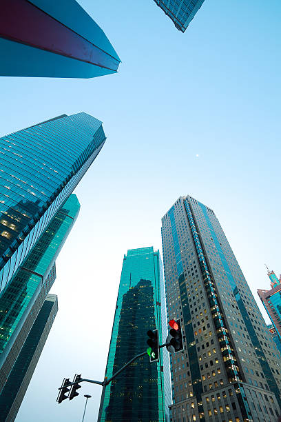istock Looking up at Shanghai modern city buildings backgrounds 535487200