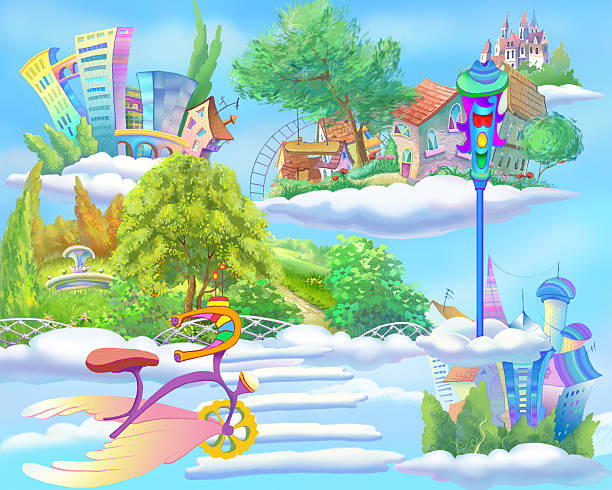 Fairy Tale World with Floating Islands in the Sky Digital Painting, Illustration of a Fairy Tale World with Floating Islands in the Sky. Fantastic Cartoon Style Artwork Scene, Story Background, Card Design disney character free background stock illustrations