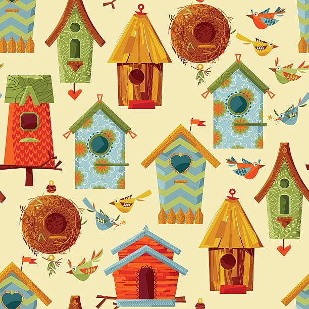 ilustraciones, imágenes clip art, dibujos animados e iconos de stock de cajas nido para pájaros multicolores y aves. patrón sin costuras fondo. - birdhouse animal nest bird tree