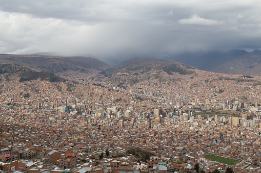 Aerial View of the city La Paz in Bolivia on a cloudy day.