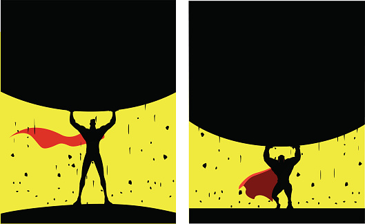 Two silhouette style illustration of a superhero lifting a heavy rock. Wide copy space available for your text. 