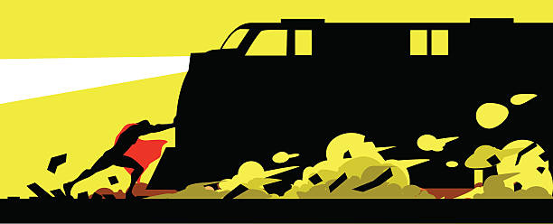 Vector Superhero Stopping a Train Silhouette A cartoon style silhouette illustration of a superhero stopping a train. Objects are layered for ease of editing. Wide space available for your copy. muster station stock illustrations