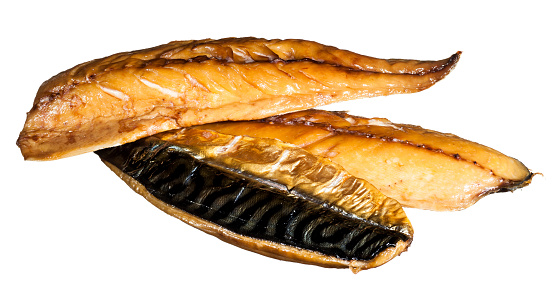 Smoked Mackerel isolated on white. AdobeRGB colorspace.