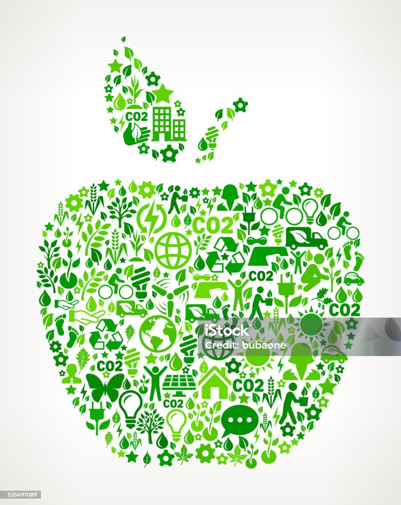 Apple Environmental Conservation and Nature royalty free vector art Pattern Apple On Green Environmental Conservation and Nature royalty free vector interface icon pattern. This royalty free vector art features nature and environment icon set pattern. The major color is green and icons include trees, leaves, energy, light bulb, preservation, solar power and sun. Icon download includes vector art and jpg file. Sustainable Resources stock vector