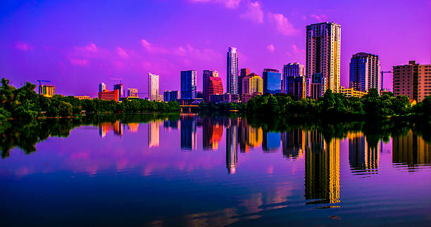 istock Panoramic Mirror Reflection Lady Bird Lake Austin Texas Skyline Sunrise 535491093
