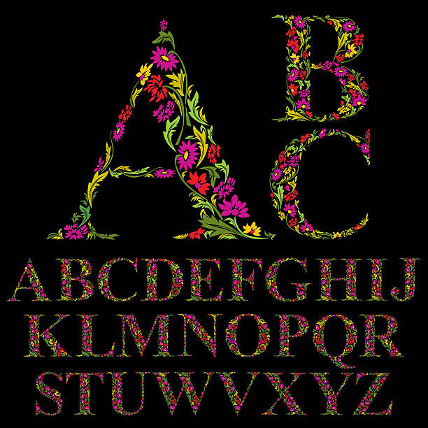 цветочный font made с листьями, натуральных буквами алфавита - letter t letter a ornate alphabet stock illustrations