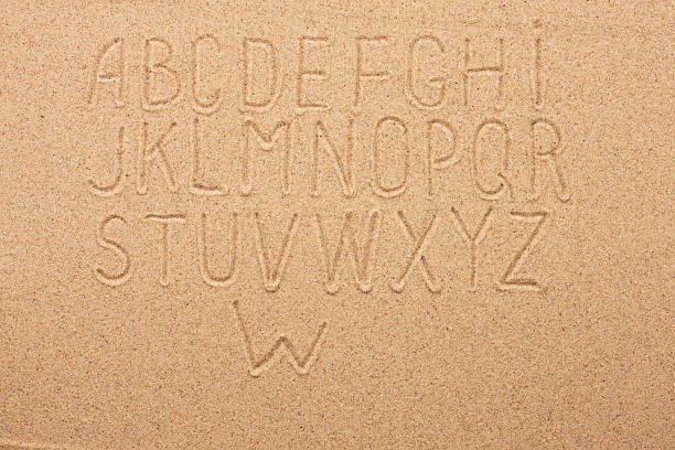 angielski, niemiecki, portugalski alfabet pisemnej na piasku - sand text alphabet beach zdjęcia i obrazy z banku zdjęć