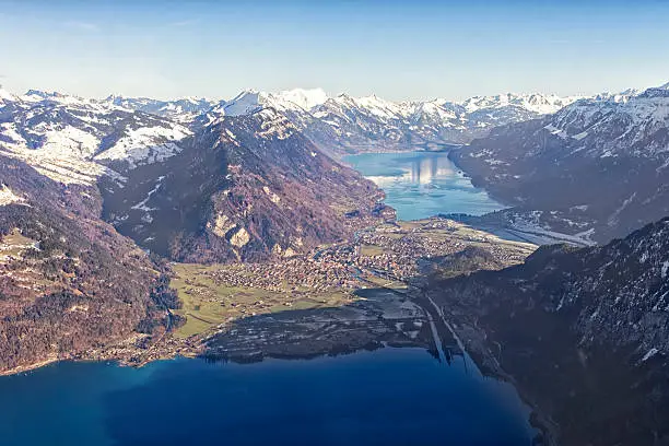 Aerial view city of Interlaken, Thun Lake and Brienz lake
