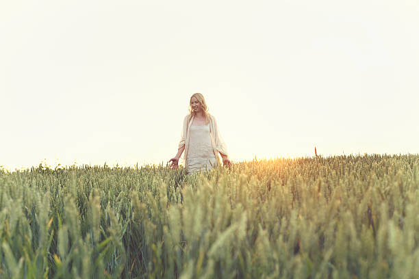 mulher jovem uma andar num campo de trigo ao pôr do sol - garment fragility women skirt imagens e fotografias de stock