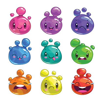 Funny cartoon colorful little bubble characters, cute jelly creatures, vector game assets, isolated on white