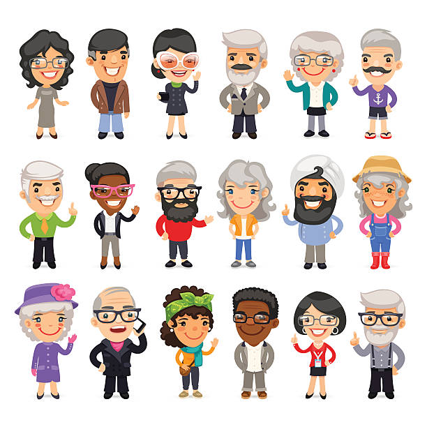 Casually Dressed Old Men Set of casually dressed flat cartoon old people. Isolated on white background. Clipping paths included. caricature stock illustrations