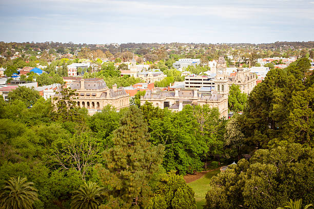 Bendigo Town Hall The view from the Lookout Tower in Rosalind Park over Bendigo CBD and Bendigo Town Hall on a clear Spring evening. bendigo photos stock pictures, royalty-free photos & images