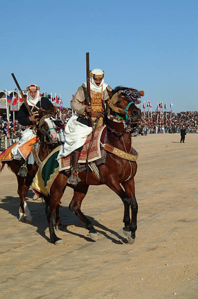 Douz, Tunisia - December 28, 2005: Desert Knight Rider with rifle at The International Festival of the Sahara.