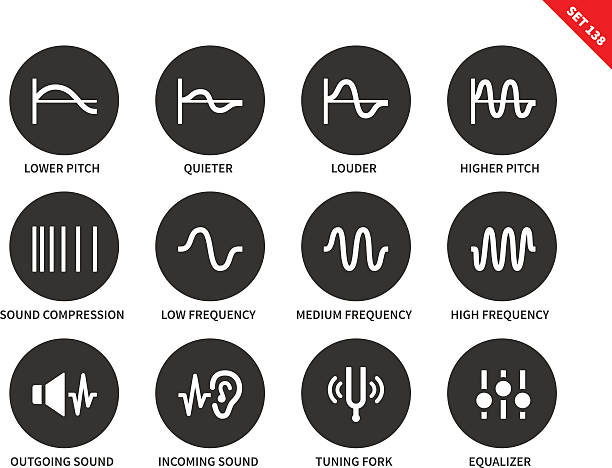 fale dźwiękowe ikony na białym tle. - equipment human ear sound music stock illustrations